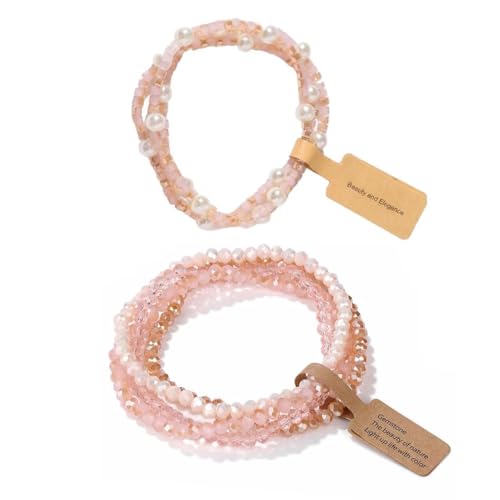 Boho Crystal Glass Beaded Stretch Bracelet Set, Stackable Multilayer with Faux Pearl, Handmade Friendship Jewelry for Women - color: Pink