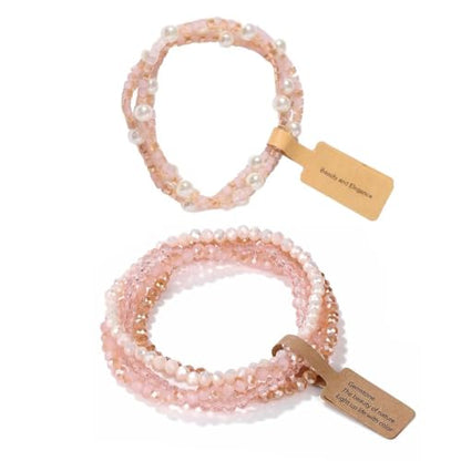 Boho Crystal Glass Beaded Stretch Bracelet Set, Stackable Multilayer with Faux Pearl, Handmade Friendship Jewelry for Women - color: Pink