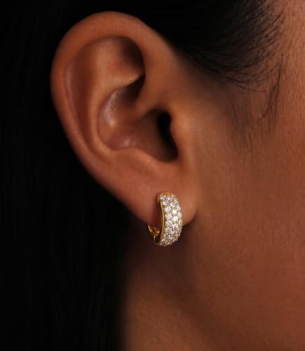 Gokeey Cubic Zirconia Hoop Earrings for Women, Sterling Silver Plated Small Huggie Hoops CZ Pave Chunky Thick Earrings Non Tarnish Hypoallergenic Lightweight Jewelry April Birthstone Gifts - color: Gold