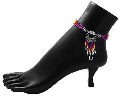 Mia Jewel Shop Native American Inspired Wire Wrapped Clear Quartz Crystal Seed Beaded Dangle Multi Strand Anklet - Womens Fashion Handmade Jewelry Boho Accessories - color: Purple
