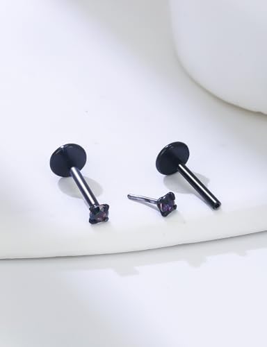 20G 18G 16G Threadless Nose Rings Studs Flat Back Earrings Surgical Stainless Steel CZ Nose Rings Stud Tragus Helix Conch Cartilage Earrings Stud Piercing Jewelry For Women Men Hypoallergenic - color: Black-Rainbow CZ, size: 16 Gauge-6mm Bar-2mm CZ
