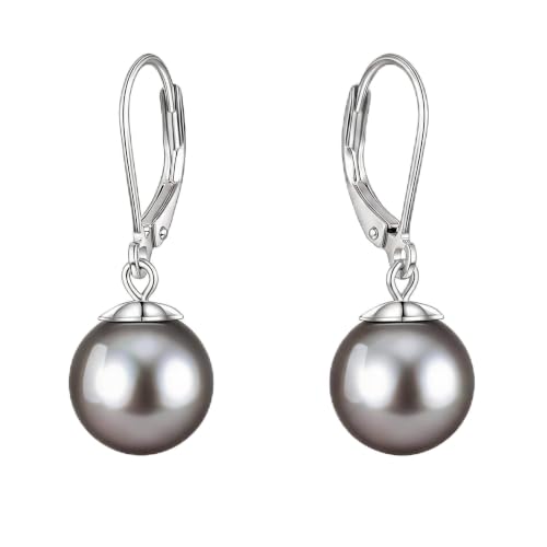 Pearl Leverback Earrings for Women Dangle Round Gemstone Earrings Birthstone Jewelry Gift Anniversary for Her - color: 15 Grey Pearl