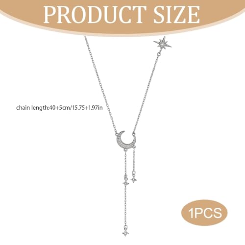 Moon Y Necklace Silver with Star Pendant, Rhinestone Long Link Chain Jewelry, Adjustable Moon Choker Crescent Pendant Collarbone Necklaces, Celestial Statement Jewelry Gifts for Women - style: StyleD