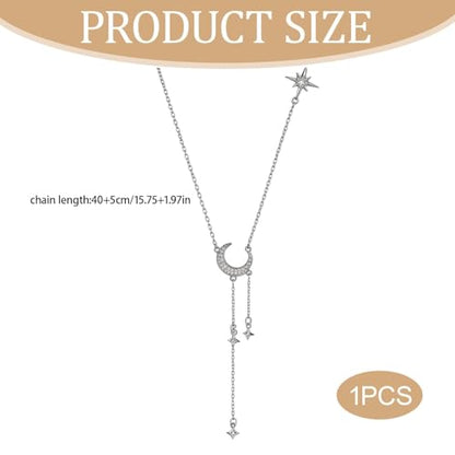 Moon Y Necklace Silver with Star Pendant, Rhinestone Long Link Chain Jewelry, Adjustable Moon Choker Crescent Pendant Collarbone Necklaces, Celestial Statement Jewelry Gifts for Women - style: StyleD