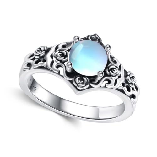 Vintage Rose Filigree 1 Carat Round Cut Genuine or Lab Grown Gemstone Statement Ring 925 Sterling Silver Birthstone Oxidized Anniversary Promise Ring for Women Gifts Size 5-18 - color: Moonstone