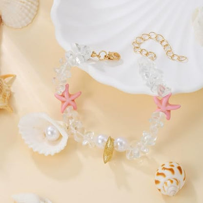 Shell Starfish Bracelet Seahorse Conch Starfish Sea Shell Pearls Charm Stone Bracelet Statement Bohemian Sea Themed Beach Jewelry for Women - color: Pink B