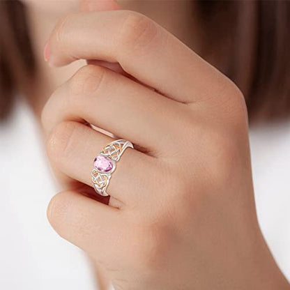 PRAYMOS 925 Sterling Silver Ring Birthstone Ring Turquoise Moss White Opal Ring for Women Celtic Knot Open Adjustable Thrumb Ring - color: Pink