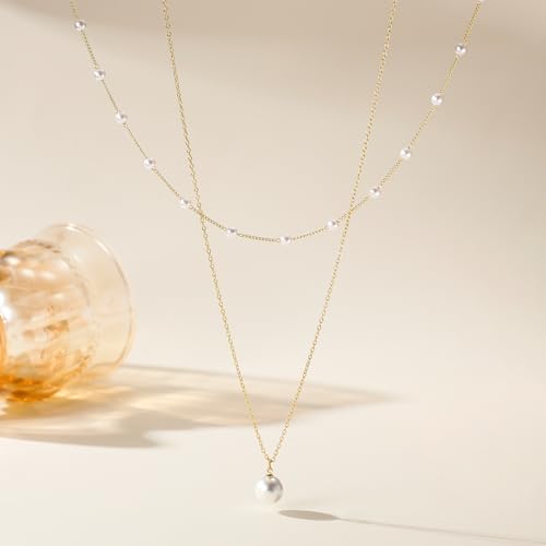 Ritach Pearl Necklaces for Women - Real Gold Plated Dainty Pearl Necklace Daisy Round Drop Pearl Choker Necklace Layered Gold Necklace for Women Teen Girls Bridesmaid Wedding Birthday Gifts - style: Gold-Layered Satellite Pearl