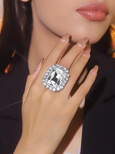 Sparkling Rhinestone Ring Bohemia Thick Large Oval Geometric Ring Square Princess Rings Fashion Heart Zircon Crystal Ring Prom Wedding Party Ball Rings for Women - color: White Square