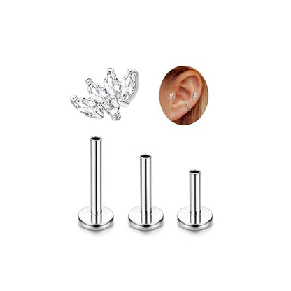 LOLIAS 16G G23 Titanium Tragus Conch Helix Piercing Jewelry 6mm 8mm 10mm - Internally Threaded Flat Back Stud Cartilage Earrings Hypoallergenic Forward Earlobe Labret Tragus Piercing Jewelry - color: 4 Leaf-Titanium