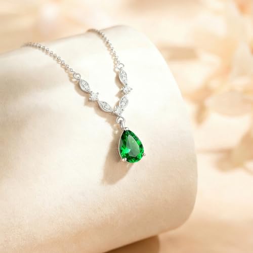Platinum Plated Cubic Zirconia Teardrop Pendant Necklace Dangle Earrings Set, Silver Jewelry Set for Women,Wedding Jewelry Set for Bride,Bridesmaid Jewelry Gift, Gift for Valentine's Day, Birthday - color: Green