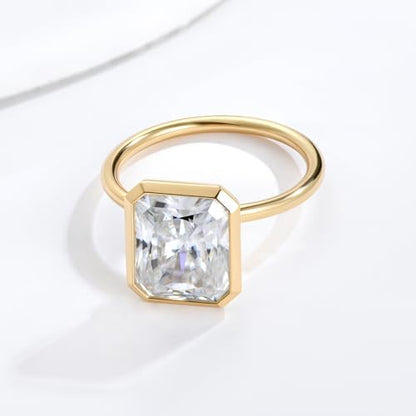 Radiant Cut Moissanite Engagement Ring for Women, Bezel Set Solitaire Ring | D Color VVS1 925 Sterling Silver 14K Gold Plated Wedding Ring, Available in 2CT 3CT 5CT, Diamond Alternative Promise Jewelry - style: 01 - Yellow Gold - 5CT Radiant Moissanite