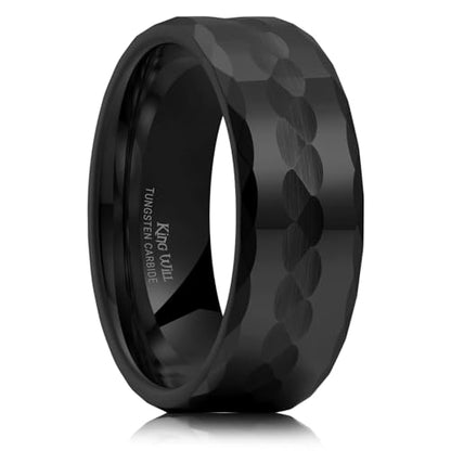 King Will Hammered 8mm Silver Tungsten Ring Hammer Men Wedding Band Comfort Fit - color: Multi-Faceted Black