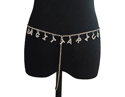 Women Sexy Rhinestone Waist Body Chain Crytal Sexy Letter Pendant Belly Waist Chain T-string Thong Body Jewelry - color: Sagittarius Letter