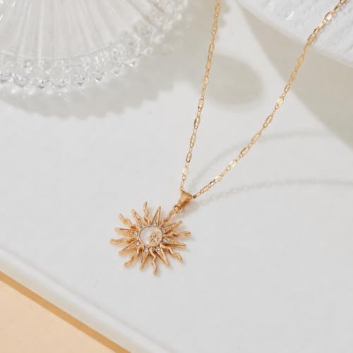 Gold Sun Pendant Necklace with Rhinestone Accent, Elegant and Fashionable, Perfect for Daily Wear & Special Occasions - color: Gold/Oval Lip Chain
