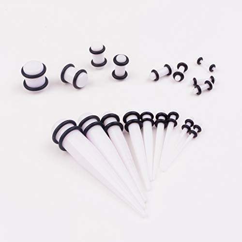 50 Pcs Ear Gauges Stretching Kit 14G-00G | Acrylic Tapers and Plugs Silicone Tunnels, Gauge Expanders Stretching Kit, Piercing Earring Jewelry for Men and Women - color: White