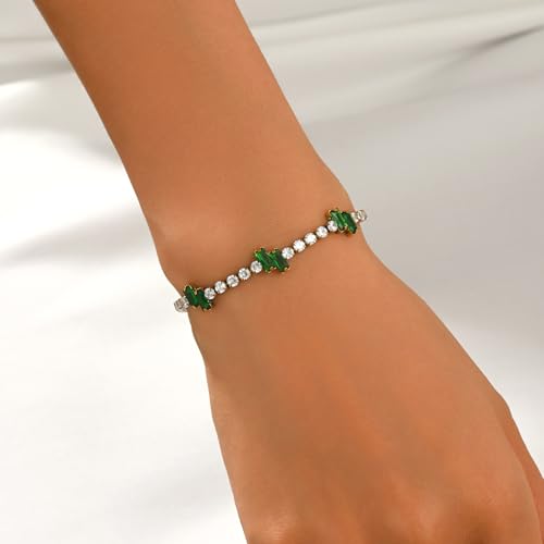 18K Gold Plated Cubic Zirconia Tennis Bracelet for Women Sparkling Stackable Stainless Steel Jewelry Hypoallergenic Tarnish Resistant Bridal Gift - color: Green Baguette CZ-Gold