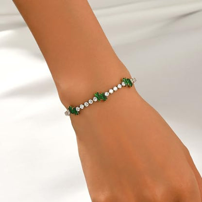 18K Gold Plated Cubic Zirconia Tennis Bracelet for Women Sparkling Stackable Stainless Steel Jewelry Hypoallergenic Tarnish Resistant Bridal Gift - color: Green Baguette CZ-Gold