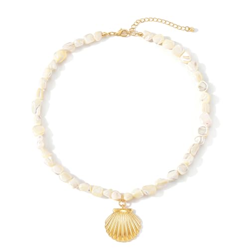 Beach Irregular Colorful Beaded Necklaces for Women Vacation Gifts | Chunky Red Blue White Beaded Choker Necklaces, Beach Boho Vacation Jewelry, Holiday Gifts, Coastal Summer Outfit Accessories - color: Pearl White - Shell
