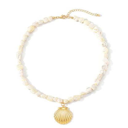Beach Irregular Colorful Beaded Necklaces for Women Vacation Gifts | Chunky Red Blue White Beaded Choker Necklaces, Beach Boho Vacation Jewelry, Holiday Gifts, Coastal Summer Outfit Accessories - color: Pearl White - Shell