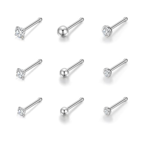 Gotumo 20G Nose Rings Titanium Nose Studs Cubic Zirconia Straight Nose Piercing Jewelry Hypoallergenic Nose Rings Studs for Women Men 6pcs set Silver - color: Silver, size: 20G Straight 9pcs