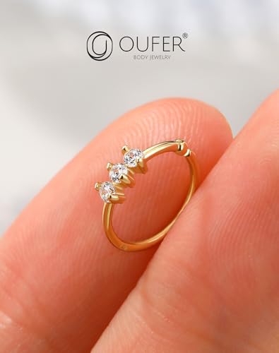 OUFER 14K Solid Gold Nose Rings Hoops, 20G Hoop Nose Rings for Women, Clear CZ Nose Piercing Jewely, Seamless Open Cartilage Helix Earrings