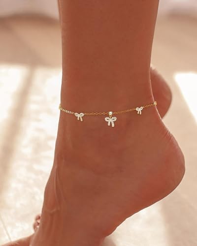 Anklets for Women Waterproof 14K Gold Plated Beach Ankle Bracelets | Dainty Summer Butterfly Clover Anklet Non Tarnish, Heart Bow Anklet, Layered Beach Jewelry, Accessories for Women Trendy - color: Gold 4
