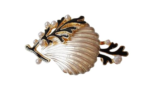 Silver Seashell Brooch Pin with Coral Enamel & Faux Pearls – Silver Plated Ocean Theme Statement Brooch, Nautical Beach Jewelry Gift for Women