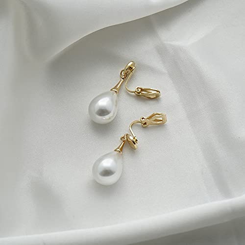 Pearl Clip on Earrings for Women Drop Clip Earrings for Women Gold Plated White Imitation Pearl Earrings Fashion - color: Teardrop Pearl