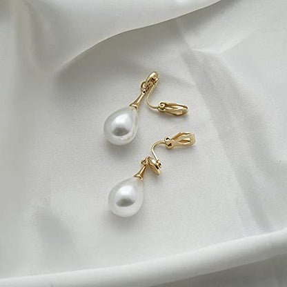 Pearl Clip on Earrings for Women Drop Clip Earrings for Women Gold Plated White Imitation Pearl Earrings Fashion - color: Teardrop Pearl