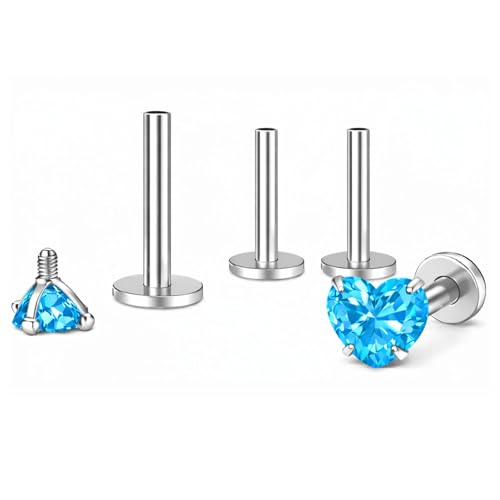 Titanium Heart CZ Labret Stud Earrings for Piercings by Ginger Lyne 6Pc Set G23 Screw Front Flat Back Body Jewelry 2 pair post 6mm, 8mm Cartilage, Helix, Tragus, Lip, Conch, Lobe - color: 5mm-Blue