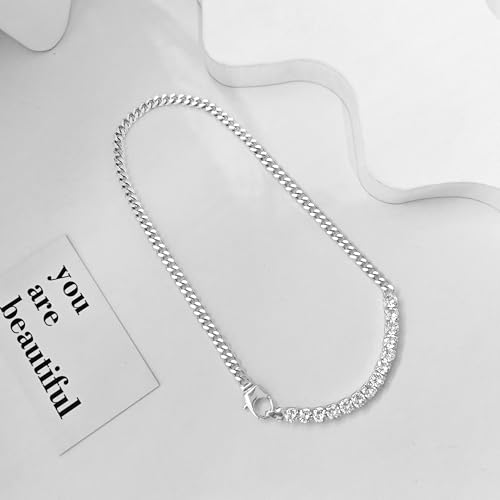Zeffy 14K Gold/Silver Plated Chunky Thick Chain Toggle Clasp Necklace Dainty Baroque Pearl/Heart/Cross/Turquoise Pendant Necklace - color: Silver CZ Cuban Link