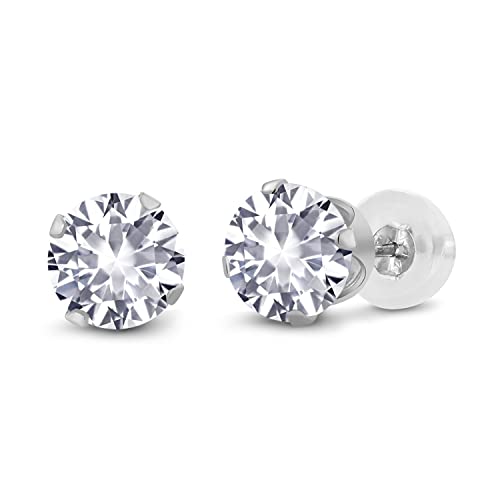 Gem Stone King 14K Gold Gemstone Birthstone Stud Earrings For Women Men | 4MM Round Cut | Solitaire Gold Studs with Secure Backs | Fine Jewelry for Her Him Mom Dad Wife - color: White Created Sapphire-September