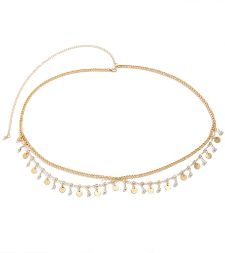 Gold Chain Belt - Fashion Waist Chain Belt with Moon, Butterfly Rhinestone & Layered Design - color: E1-Layered rhinestone disc-gold
