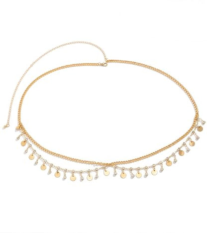 Gold Chain Belt - Fashion Waist Chain Belt with Moon, Butterfly Rhinestone & Layered Design - color: E1-Layered rhinestone disc-gold