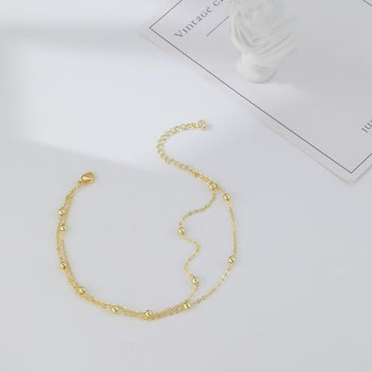 Dainty Simple Chain Anklet for Women 18k Gold/Silver Plated Summer Beach Beaded Evil Eye Moon Figaro Butterfly Satellite Cuban Pearl Flat Marina Anklet Gift - color: Layered Beaded Big -Gold