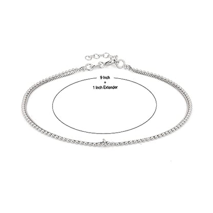 Vanbelle Sterling Silver Jewelry Double-Layered Beaded Chain Anklet with Rhodium Plating for Women