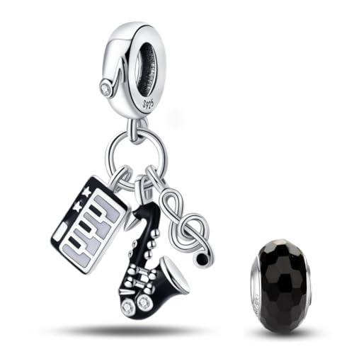 HappyStar 925 Sterling Silver Animal Dogs Charms Pendants fit Pandora Bracelets Necklaces Flowers Sports Travel Charms for Bracelets Women Jrwelry Gifts(with one Spacer Bead Charms) - style: 8-Saxophone Guitar Charm