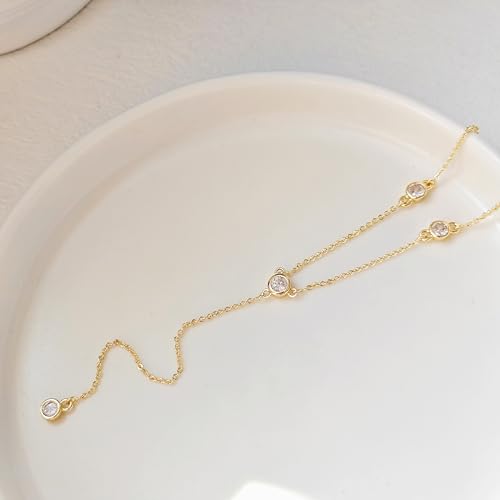 Luxval Lariat Gold Necklace for Women, Dainty Long Necklace 14k Gold Plated/Silver Y-Shaped Pendant Necklaces Trendy Beaded Chain Drop Necklaces Jewelry for Women Gifts - color: Gold-Six CZ