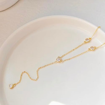 Luxval Lariat Gold Necklace for Women, Dainty Long Necklace 14k Gold Plated/Silver Y-Shaped Pendant Necklaces Trendy Beaded Chain Drop Necklaces Jewelry for Women Gifts - color: Gold-Six CZ