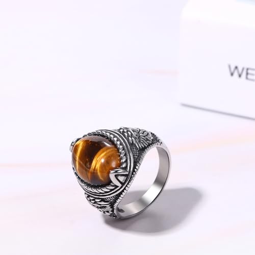 Aroncent Mens Vintage Signet Ring: Tiger Eye Oval Turquoise Black Obsidian Eagle Stainless Steel Ring - Navy Style Biker Jewelry