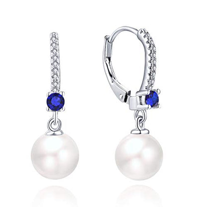 JO WISDOM 925 Sterling Silver Freshwater Pearl Hoop Earrings with Dangle Real Pearl,Simulated Pearls - color: B-8mm white pearl,blue sapphire