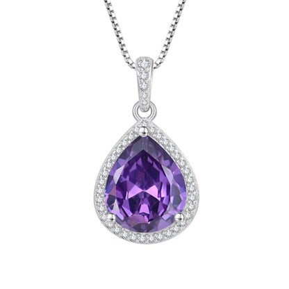 FJ Teardrop Pendant Necklace 925 Sterling Silver Birthstone Jewelry for Women - color: 02 February-Amethyst