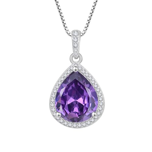 FJ Teardrop Pendant Necklace 925 Sterling Silver Birthstone Jewelry for Women - color: 02 February-Amethyst