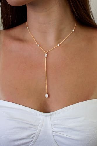 Lariat Gold Necklace for Women, Dainty Long Necklace 14k Gold Plated/Silver Y-Shaped Pendant Necklace Trendy Layered Cz Beaded Chain Drop Necklaces Simple Gold Jewelry for Women Gift - style: LC-1NK-22084-GDW