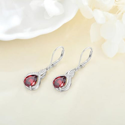 925 Sterling Silver Infinity Teardrop Earrings for Women | Lwsary Dangle Drop Leverback Earrings, Pear Shaped Birthstone Jewelry for Her - color: Red