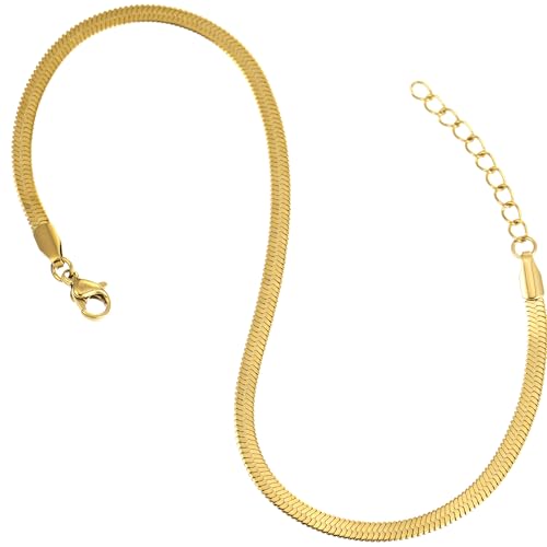 Gold Stainless Steel Anklet Chain for Women Adjustable Ankle Bracelet Fashionable Simple Design, Round mold chain - color: Gold+ Blade Chain, size: 22+3cm