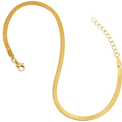 Gold Stainless Steel Anklet Chain for Women Adjustable Ankle Bracelet Fashionable Simple Design, Round mold chain - color: Gold+ Blade Chain, size: 22+3cm