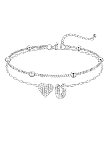 KeyStyle Heart Initial Ankle Bracelets for Women, Layered CZ A-Z Letter | 14K Gold Plated or Silver Stainless Steel Anklet, Hypoallergenic Waterproof Layered Jewelry for Daily Wear & Special Gifts - color: Silver-U