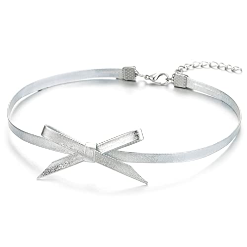 Ladies Leather Bow Choker Necklace Pendant - color: E-Silver Color
